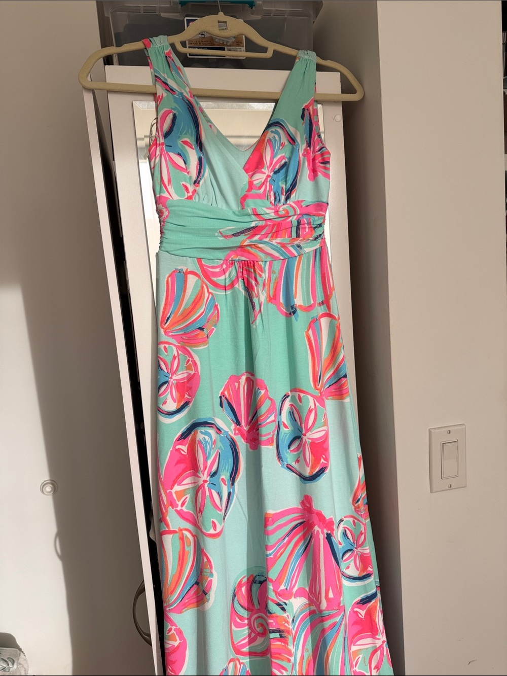 Lilly Pulitzer Aqua Maxi Dress with Pink and Coral Shell Print
